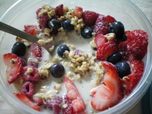 Granola with fruit and almond milk.  Back on track to a healthy day?