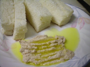Snack of bread, almondaise, and olive oil